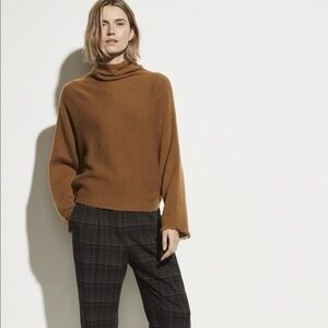 VINCE Fringe Cuff Dolman Sleeve Turtleneck in a Carmel brown color